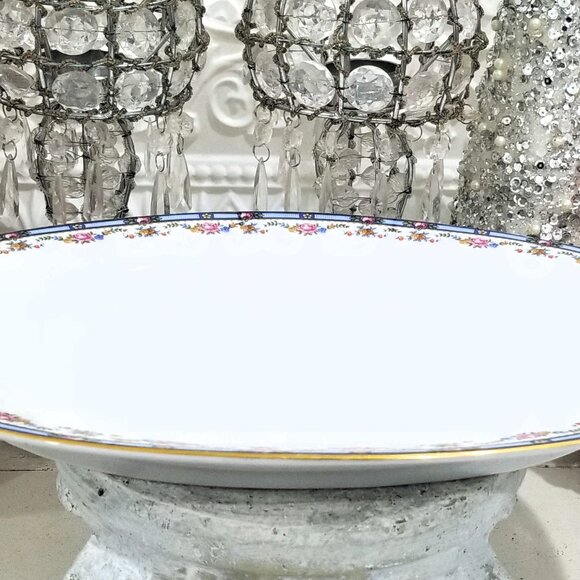 TK Thuny CARLTON Oval Serving Platter 14" - Czechoslovakia Thun Roses Blue Rim - Picture 4 of 4